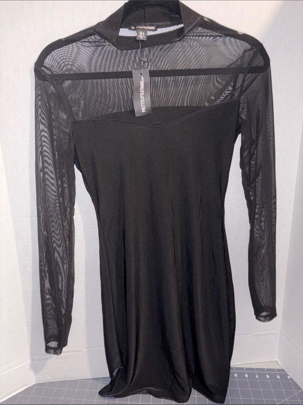PrettyLittleThing Black Long Sleeve Mesh Insert Dress